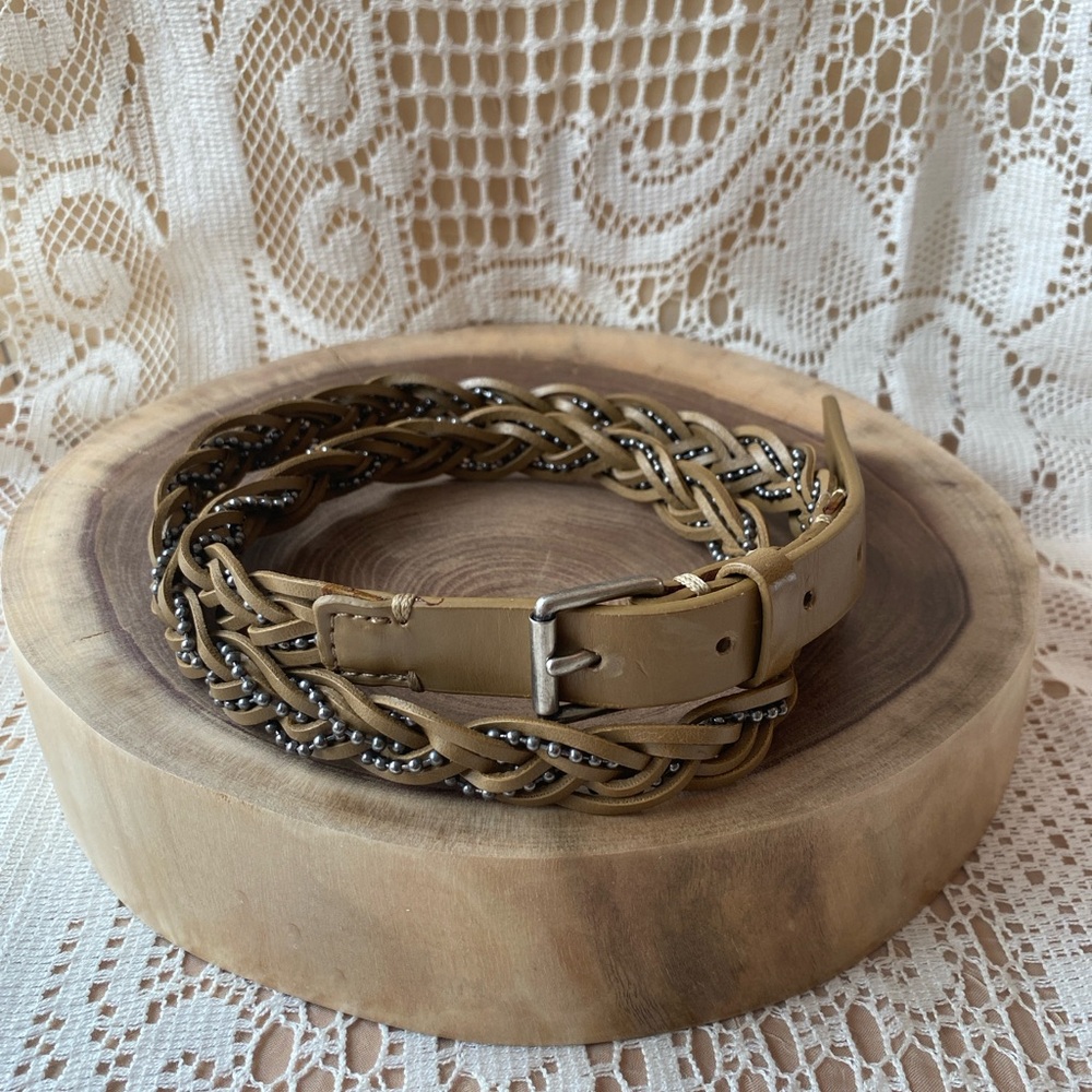 Vintage Calvin Klein Tan Braided Belt – Silver Chain Detail – Size 34–37